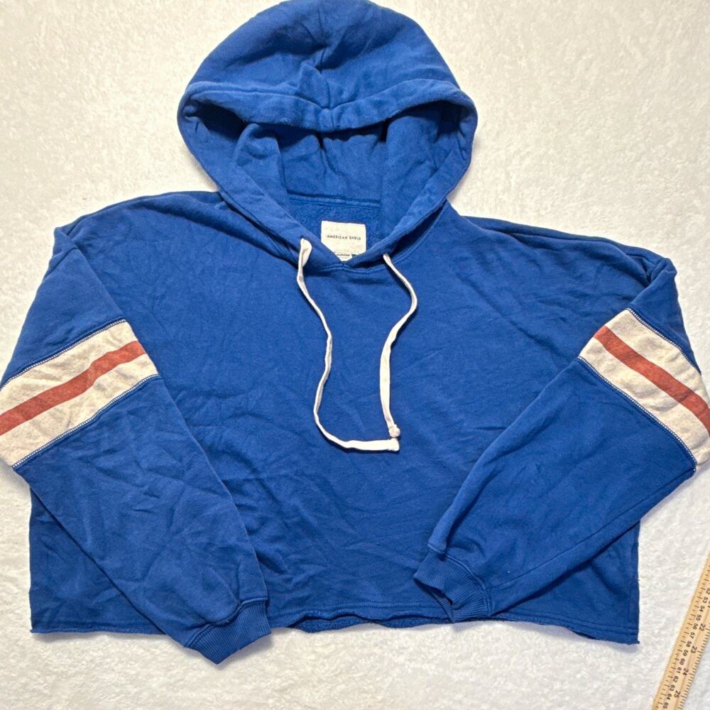 American Eagle Men's Blue Fleece Striped Drawstring Pullover Hoodie XS